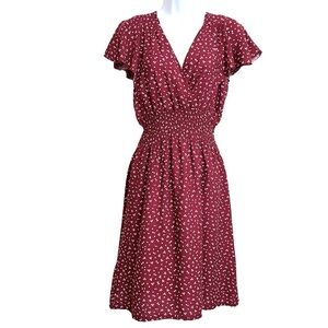 Kindred Boho Polka Dot Flutter Sleeve Dress S Burgundy Feminine Date Night Flowy